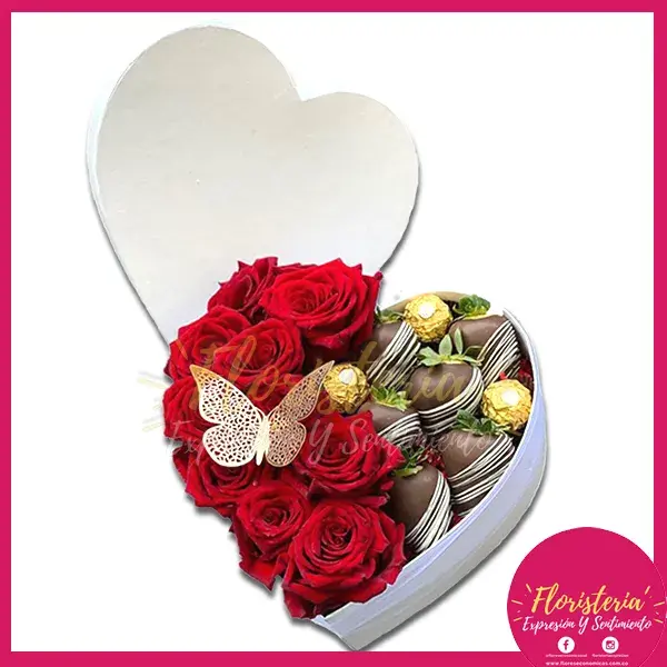 caja-flores-chocolates-09-01 Caja Corazón Mediana en Rosas | Fresas de Chocolate - Imagen 1